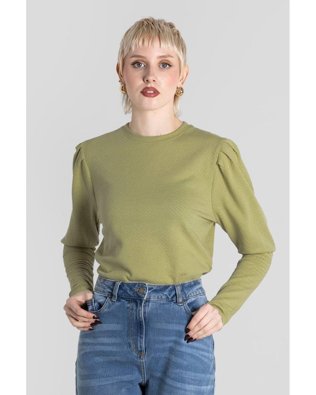 Enorsia Green Long Sleeve Crew Neck Jersey Top W/ Puff Sleeve