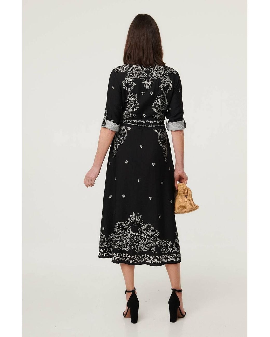 Izabel London Black Border Print Tie Waist Midi Shirt Dress