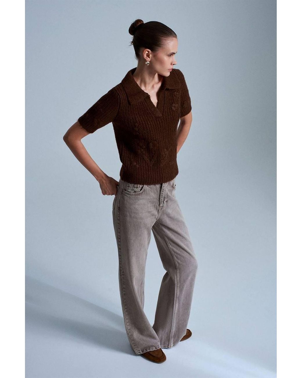 Dilvin Brown Textured Ribbed Polo-Collar Sweater