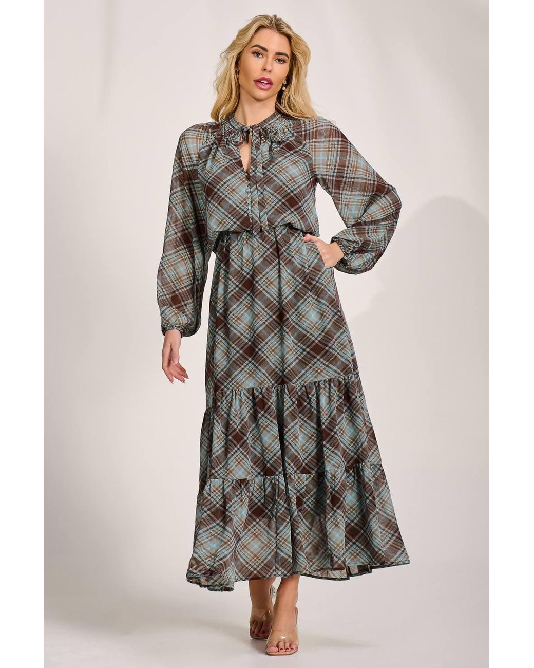 Jolie Moi Brown Chiffon Long Sleeve Tiered Maxi Dress