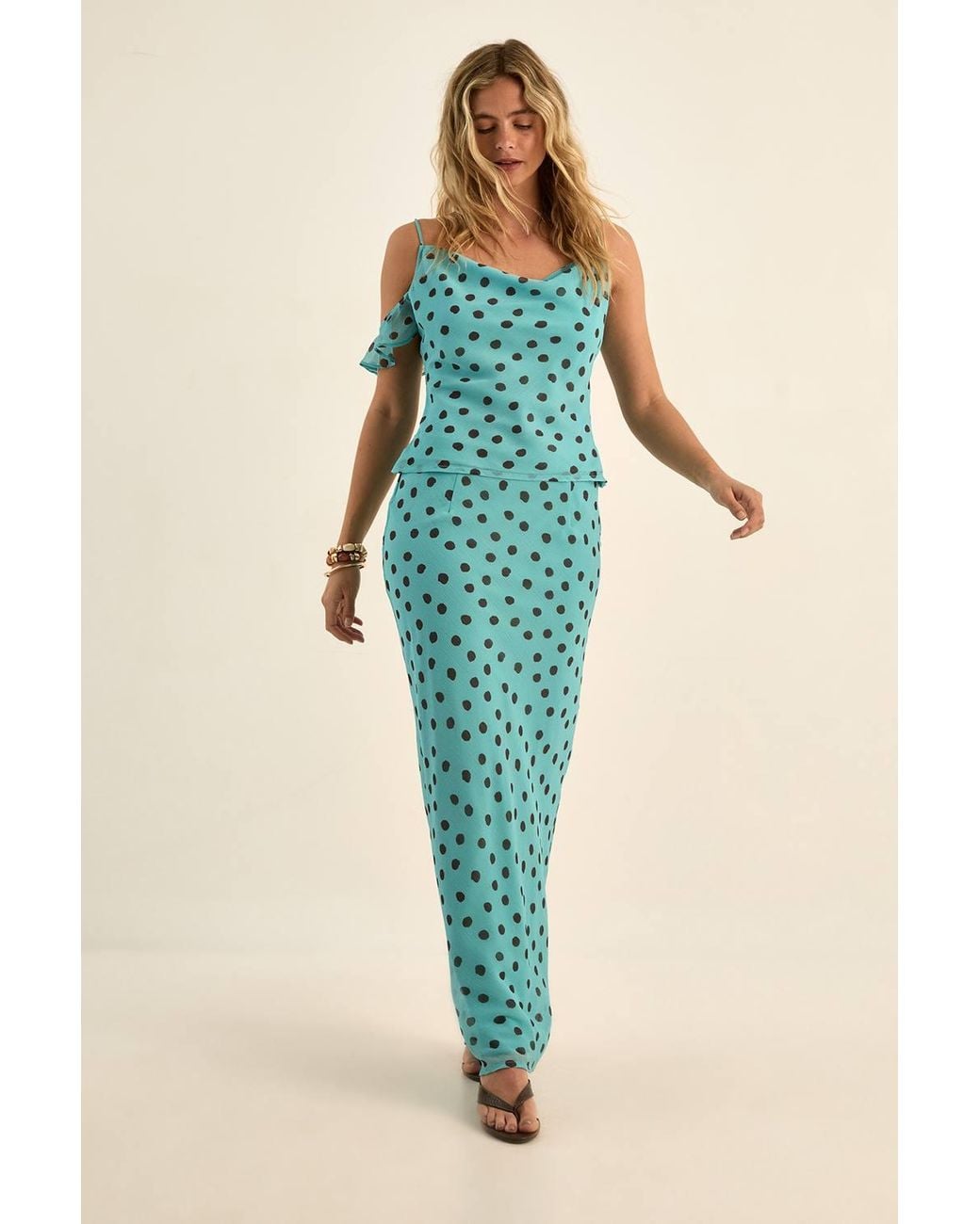 Nasty Gal Blue Chiffon Polka Dot Bias Maxi Skirt Co-Ord