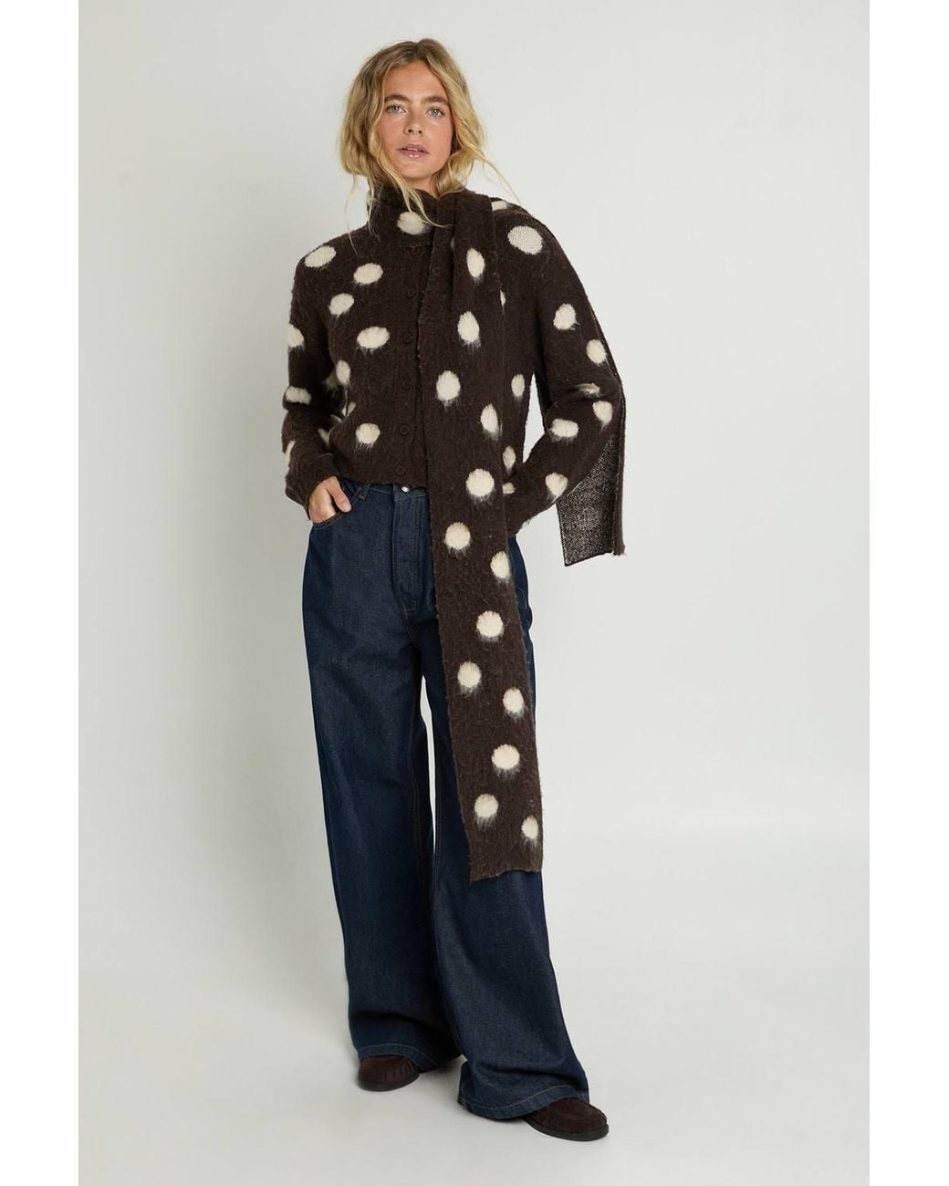 Nasty Gal Brown Polka Dot Brushed Cardigan & Scarf Co-Ord