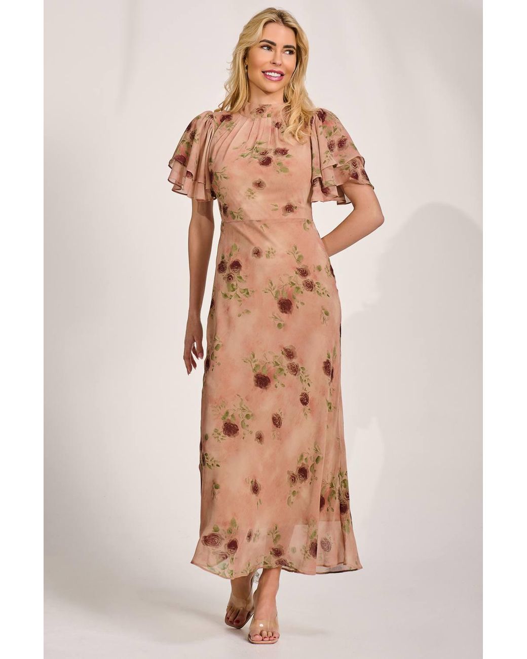 Jolie Moi Multicolor High Neck Angel Sleeve Chiffon Maxi Dress