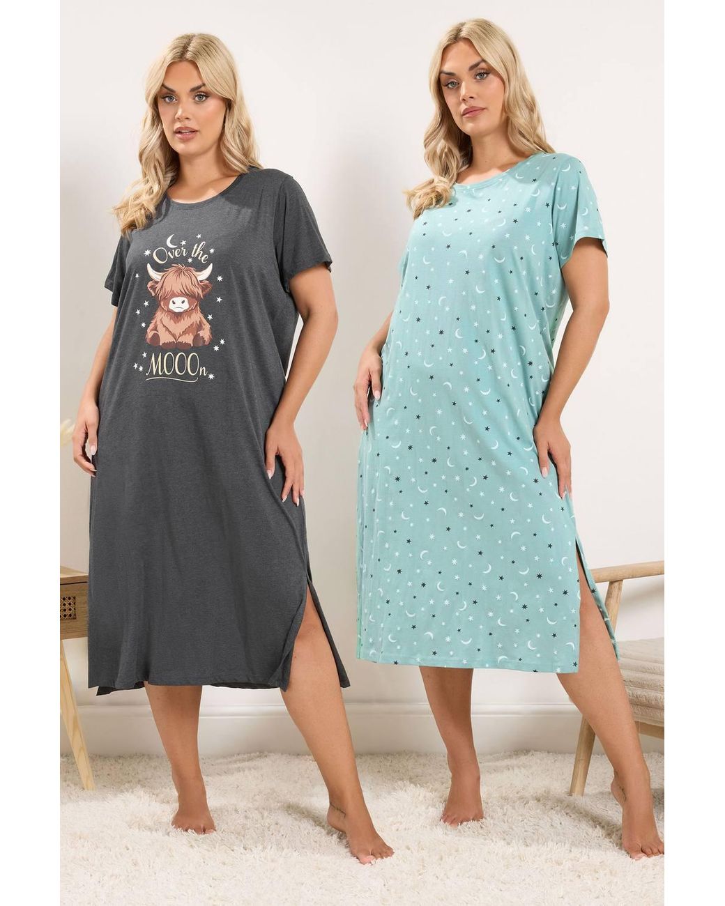 Yours Multicolor 2 Pack 'Over The Mooon' Highland Cow Midaxi Nightdresses