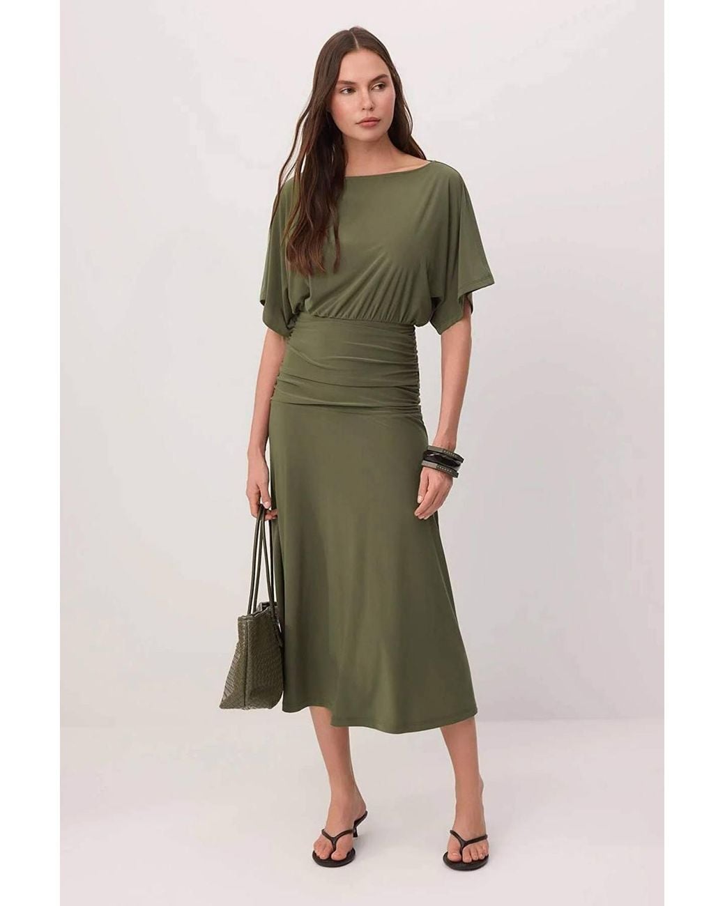 WOVCOR Green Boat Neck Batwing Sleeve Short Sleeve Skater Maxi Dress