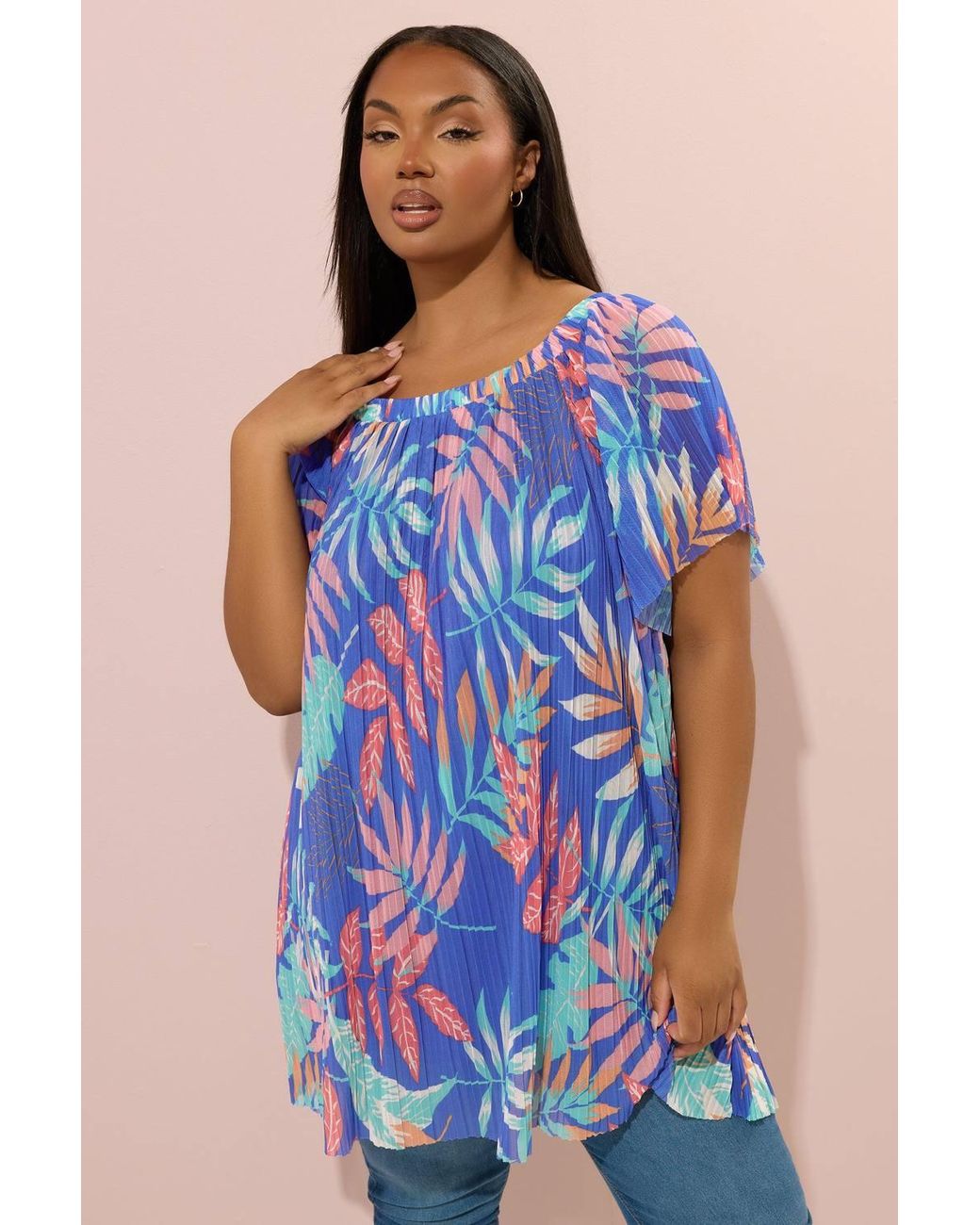 Yours Blue Printed Pleated Mesh Top