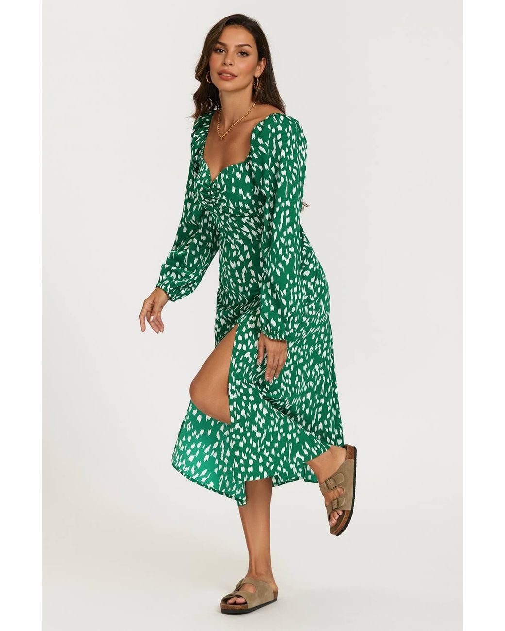 FS Collection Green Brushstroke Print Long Sleeve Heart Neckline Midi Dress