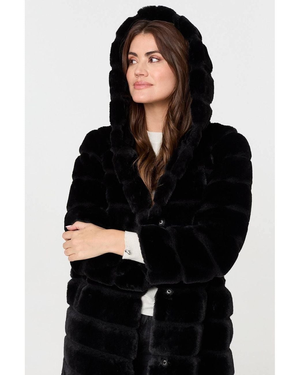 Izabel London Black Faux Fur Thigh Length Hooded Jacket