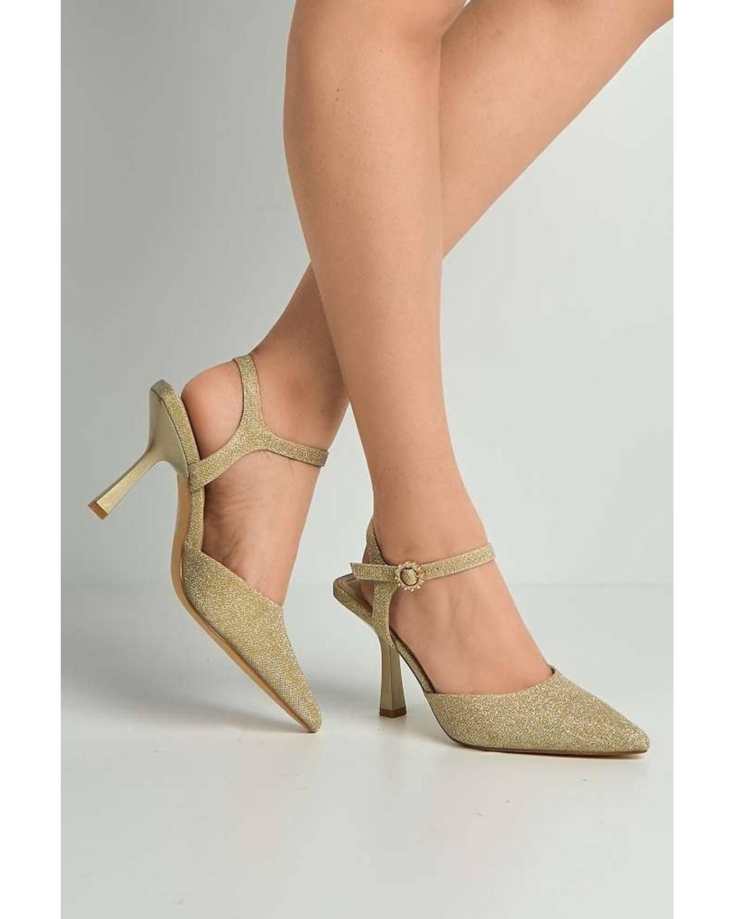 Miss Diva White Desse Pointed Toe Shimmer Anklestrap Court Shoes