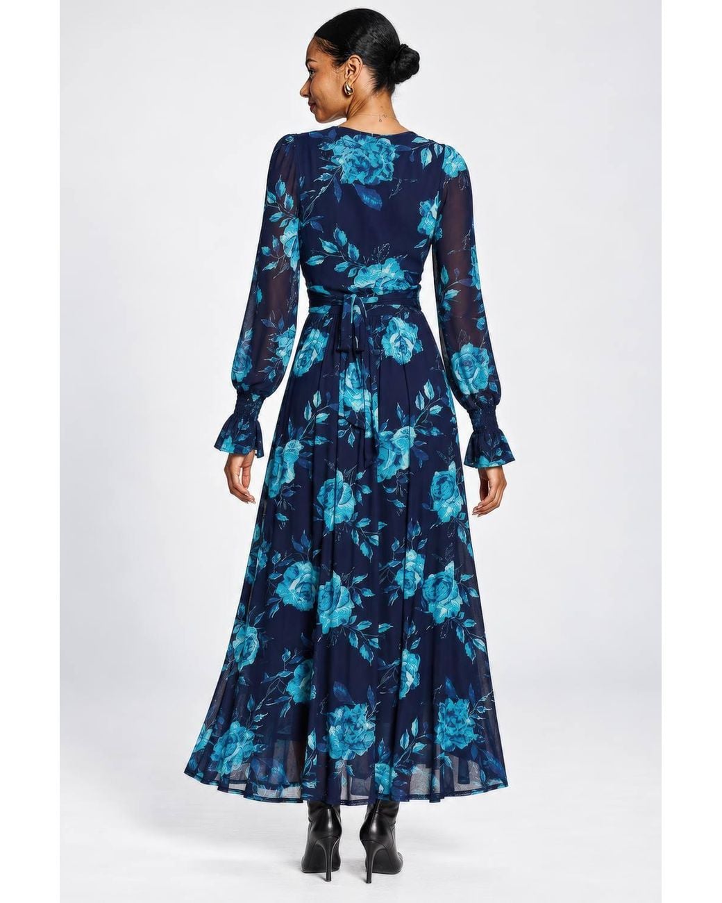 Jolie Moi Blue Long Sleeve V Neck Mesh Maxi Dress