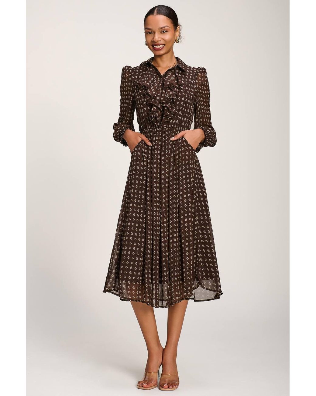Jolie Moi Brown Chiffon Print Ruffled Shirt Dress