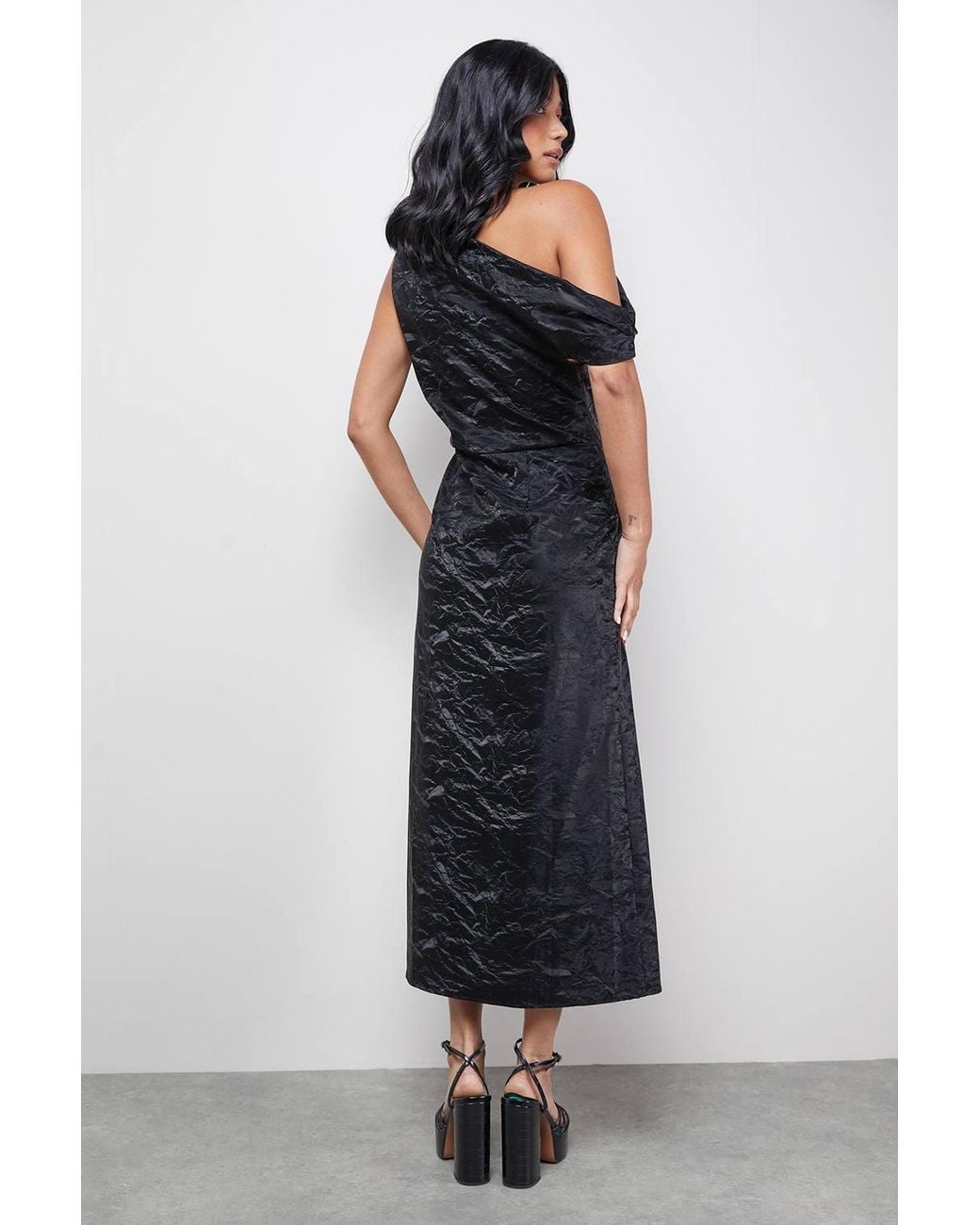 Warehouse Blue Faux Crinkle Leather Fallen Shoulder Ruched Waist Midi Dress