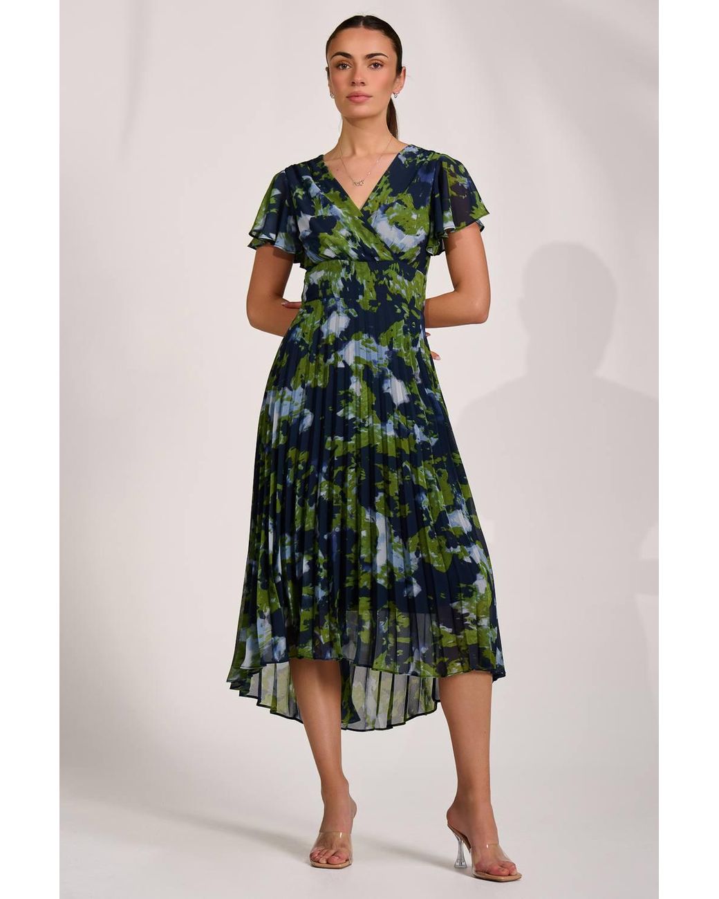 Jolie Moi Green Cap Sleeve Pleated Chiffon Maxi Dress