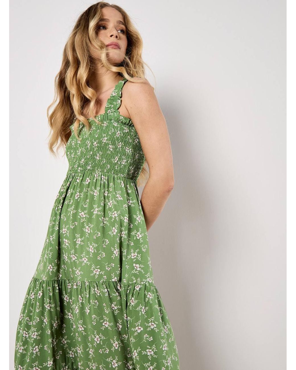 Apricot Green Orchid Print Smocked Midi Dress