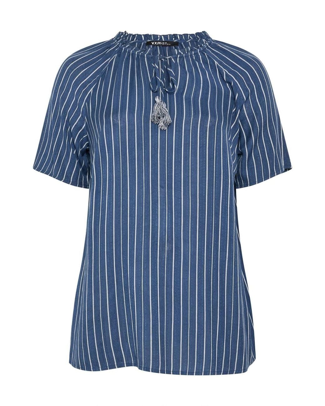 Yours Blue Stripe Notch Neck Embroidered Blouse