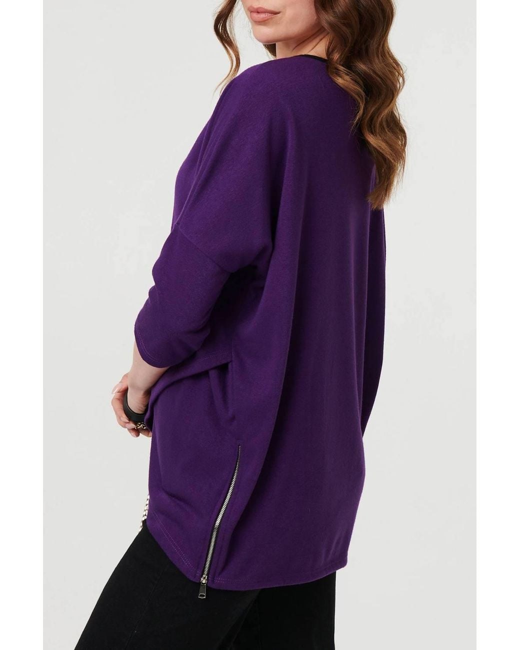 Izabel London Purple Asymmetric Zip Hem 3/4 Sleeve Tunic Top