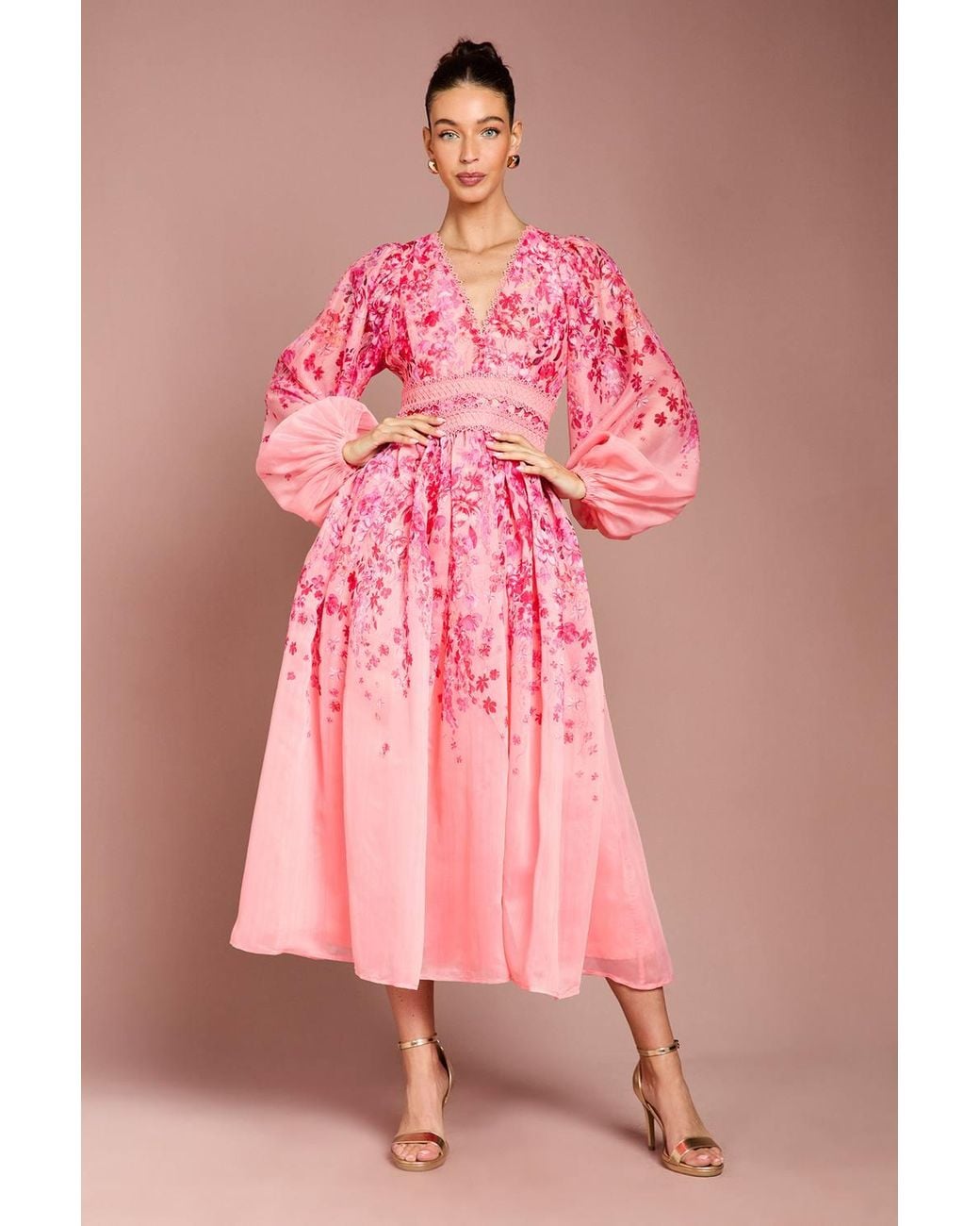Coast Pink Organza Floral Placement Lace Trim Midaxi Dress