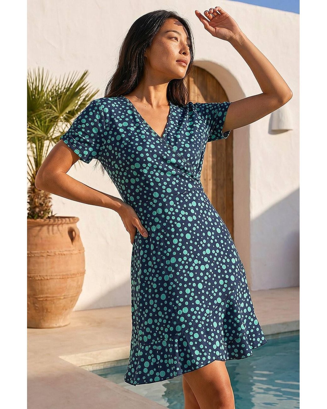 Roman Blue Petite Polka Dot Frill Hem Dress