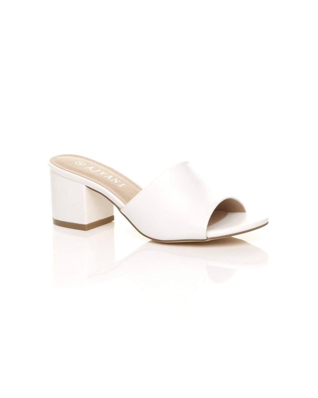 AJVANI White Mid Block Heel Peep Toe Mules Sandals