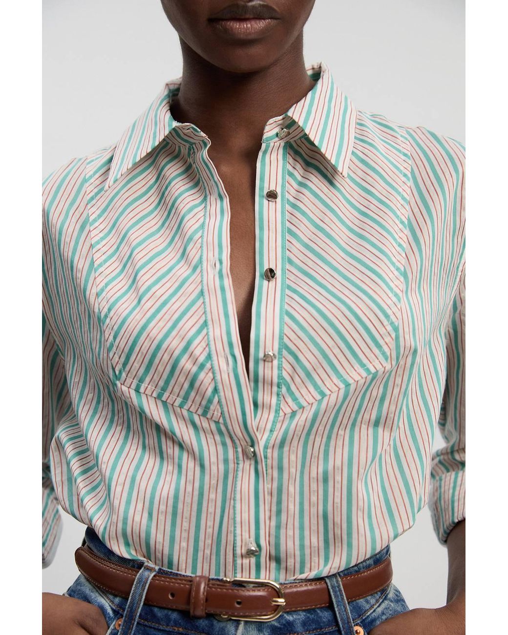 Karen Millen Gray Poplin Stripe Bib Woven Shirt