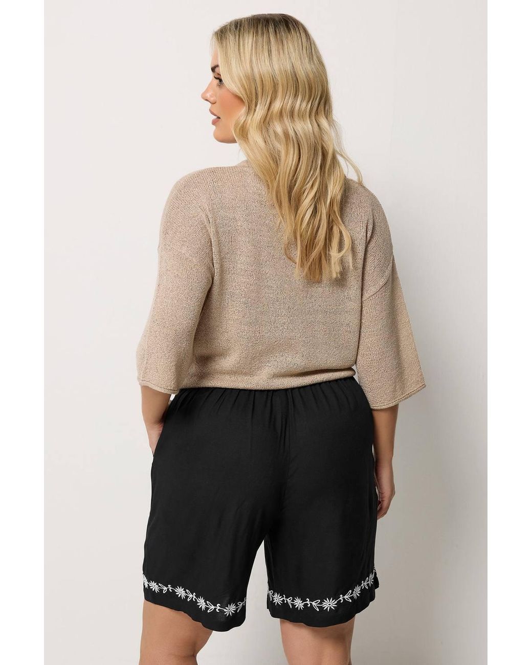 Yours Black Floral Embroidered Hem Shorts
