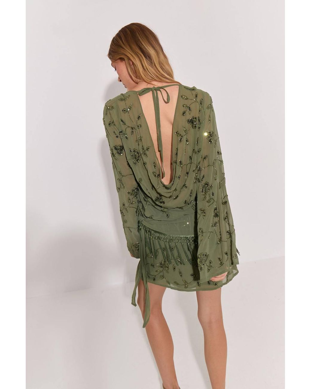 Warehouse Green Premium Embellished Tassle Detail Mini Dress