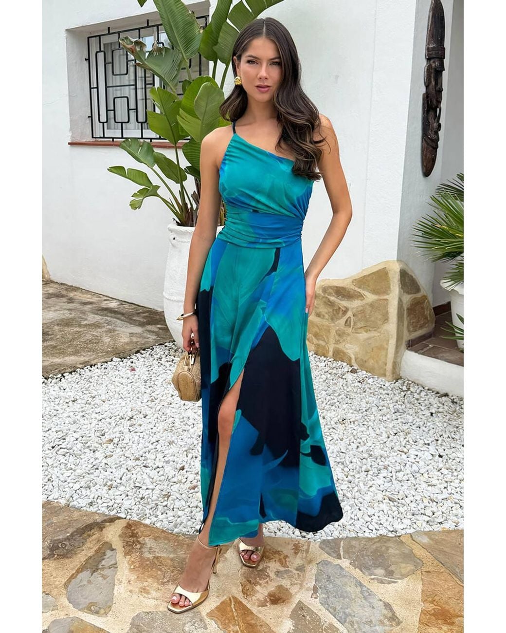 AX Paris Blue Bold Floral Print One Shoulder Ruched Waist Midi Dress