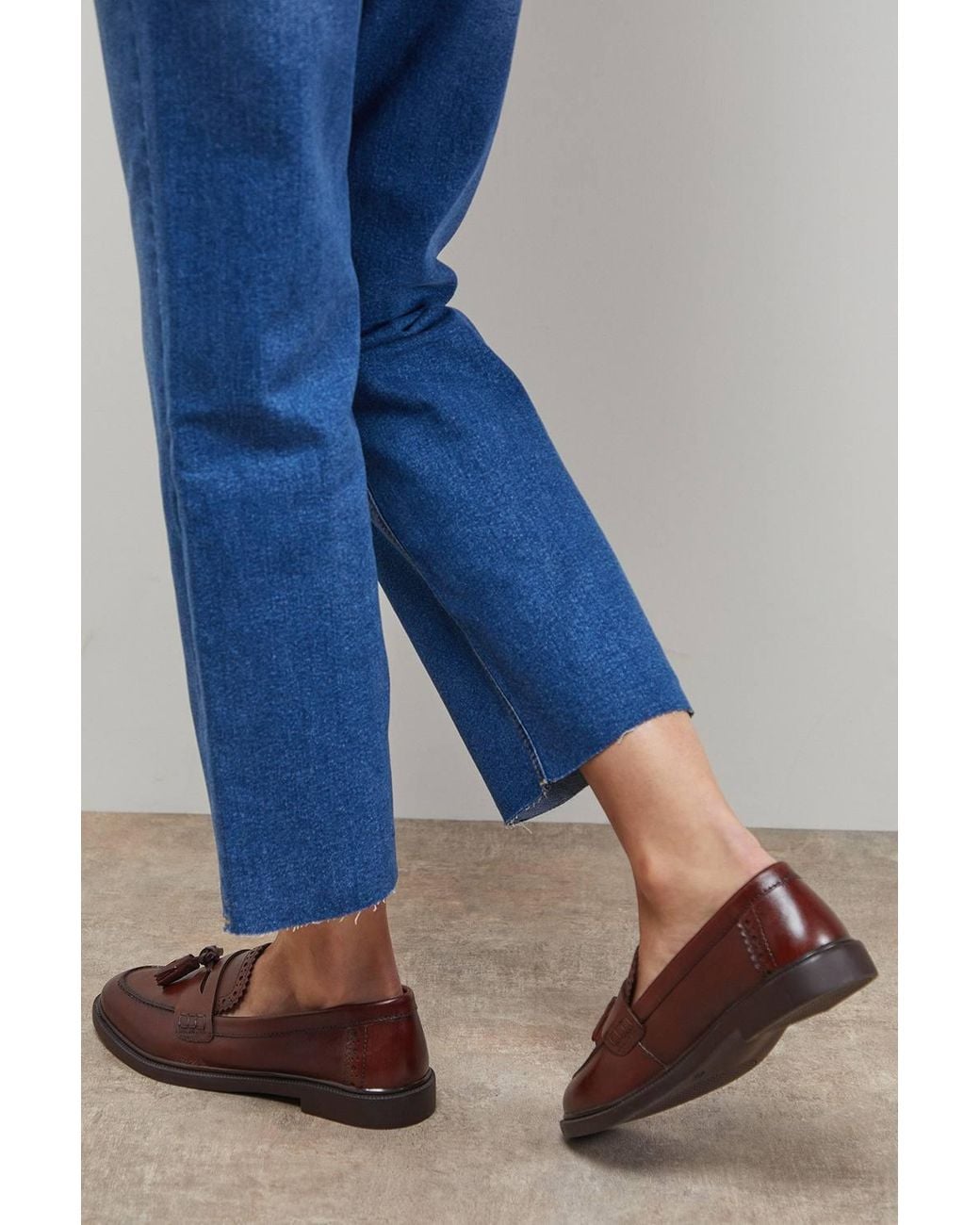 Oasis Blue Bunny Real Leather Brogue Detail Tassel Loafers