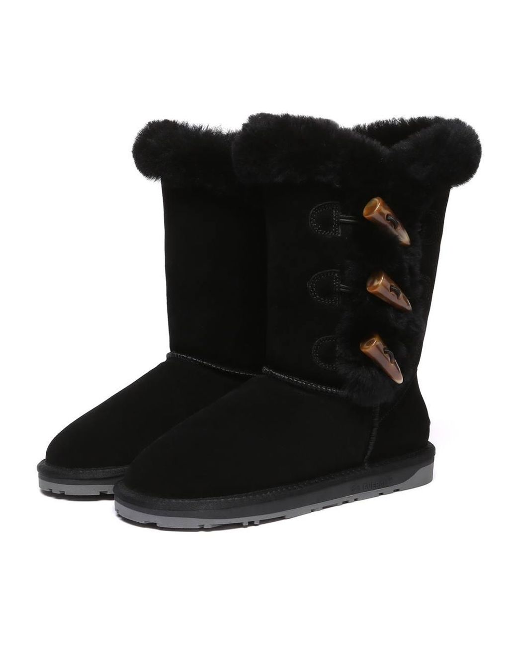 EverAu Australia Black Real Sheepskin Ashy Horn Toggle Buttons Tall Boots W/ Tpr Sole