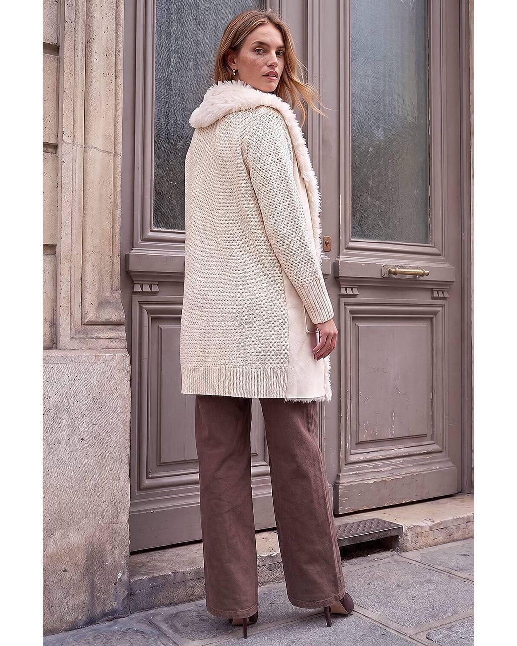 Roman Brown Longline Faux Shearling Knit Coatigan