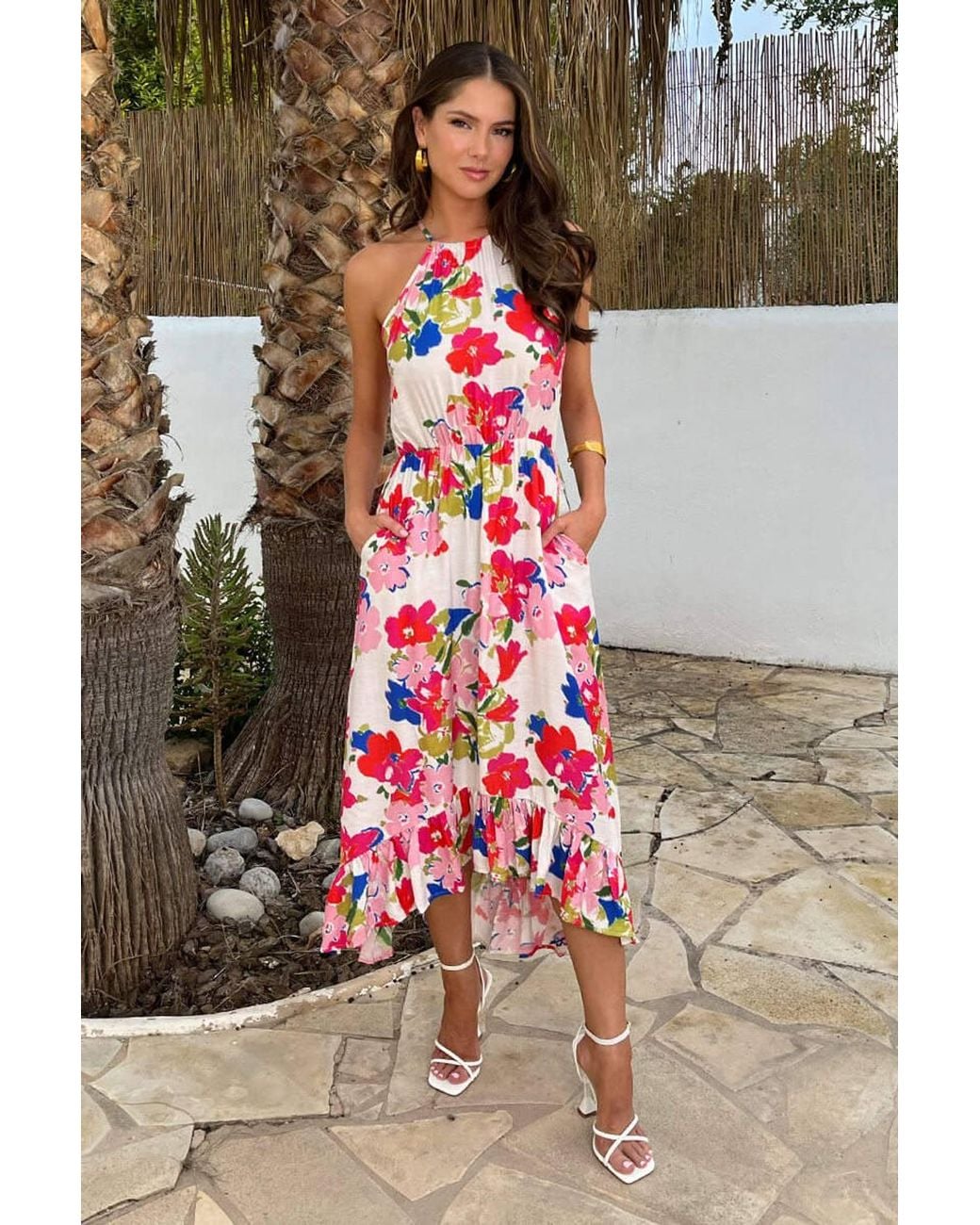 AX Paris Gray Multi Floral Print Racer Neck Frill Hem Midi Dress