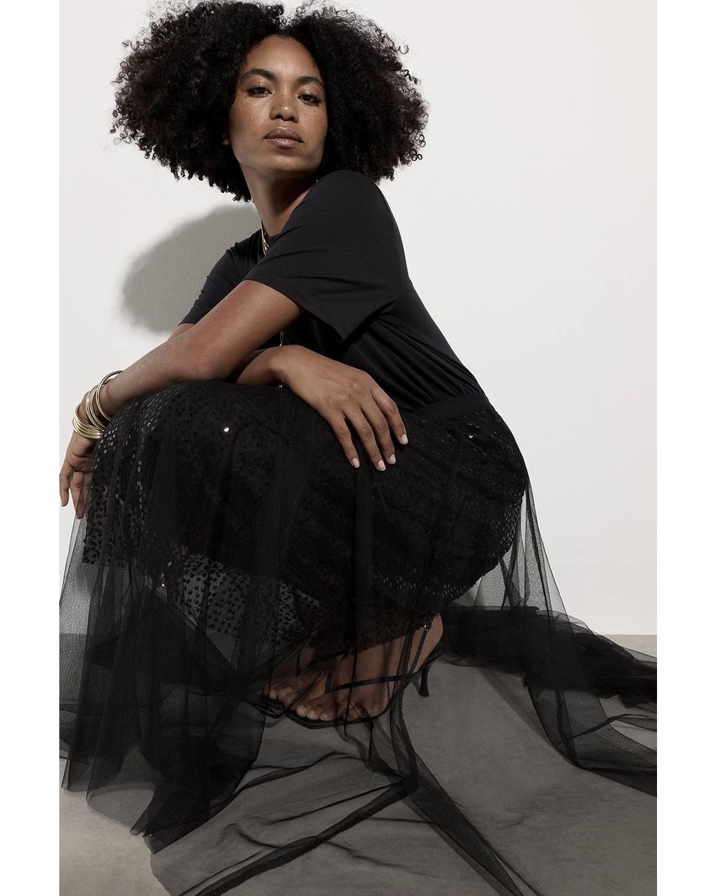 Apricot Black Sequin Tulle Midi Skirt