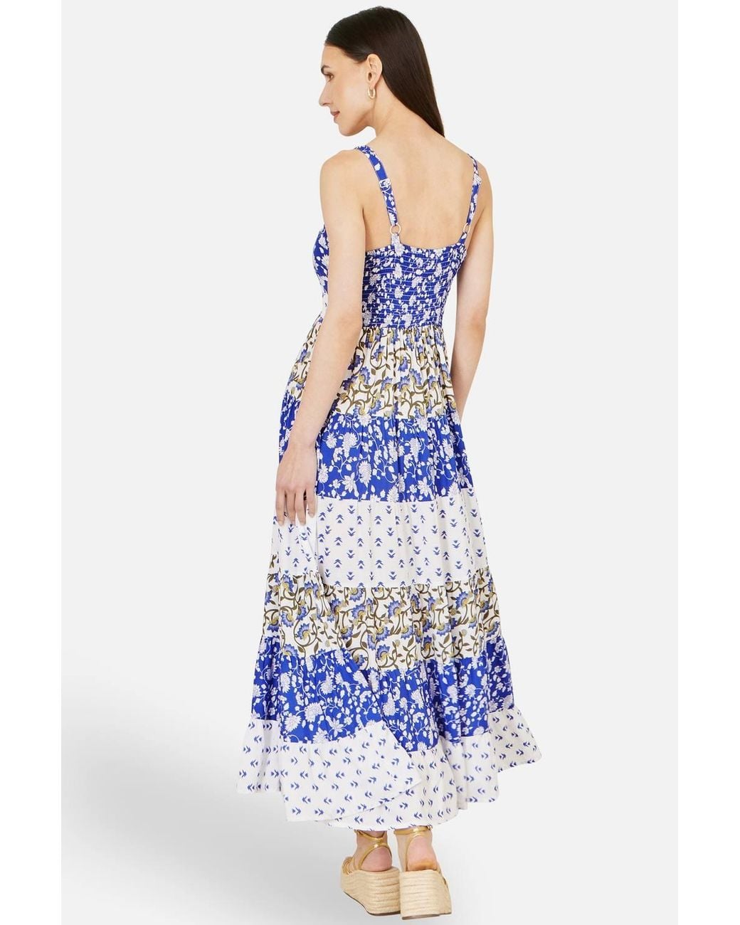 Yumi' Blue Rayon Patchwork Print Tiered Maxi Dress