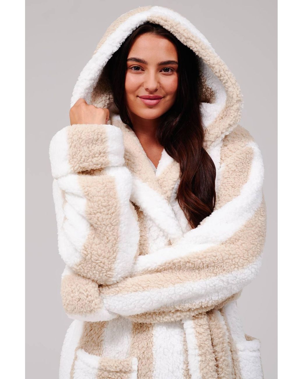 Loungeable Natural Chunky Sherpa Stripe Midi Hooded Dressing Gown