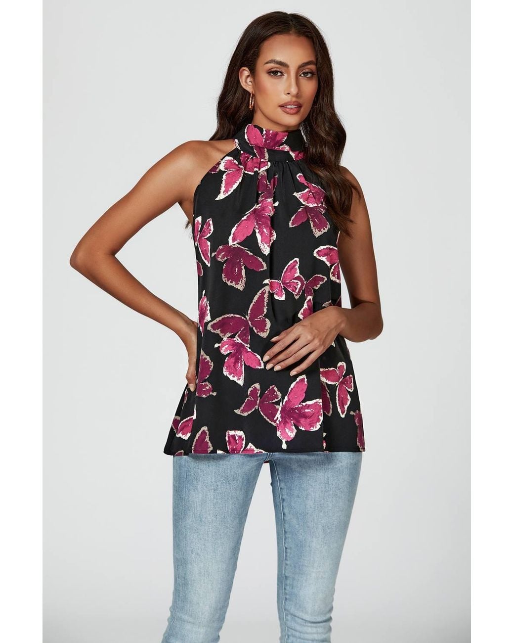 FS Collection Blue Butterfly Print Halter Neck Tie Back Top