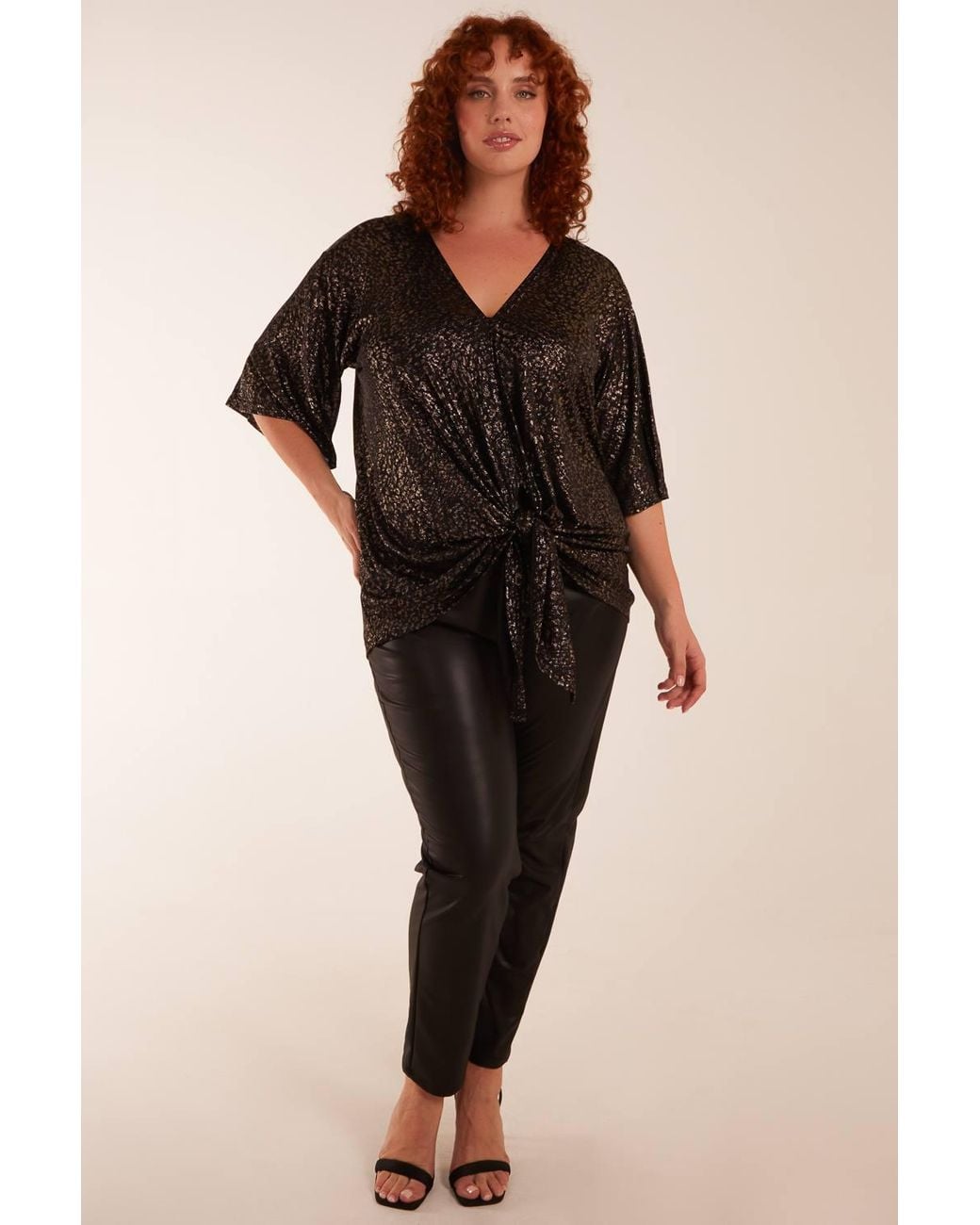 Blue Vanilla Black Curve Leopard V Neck Tie Front Top