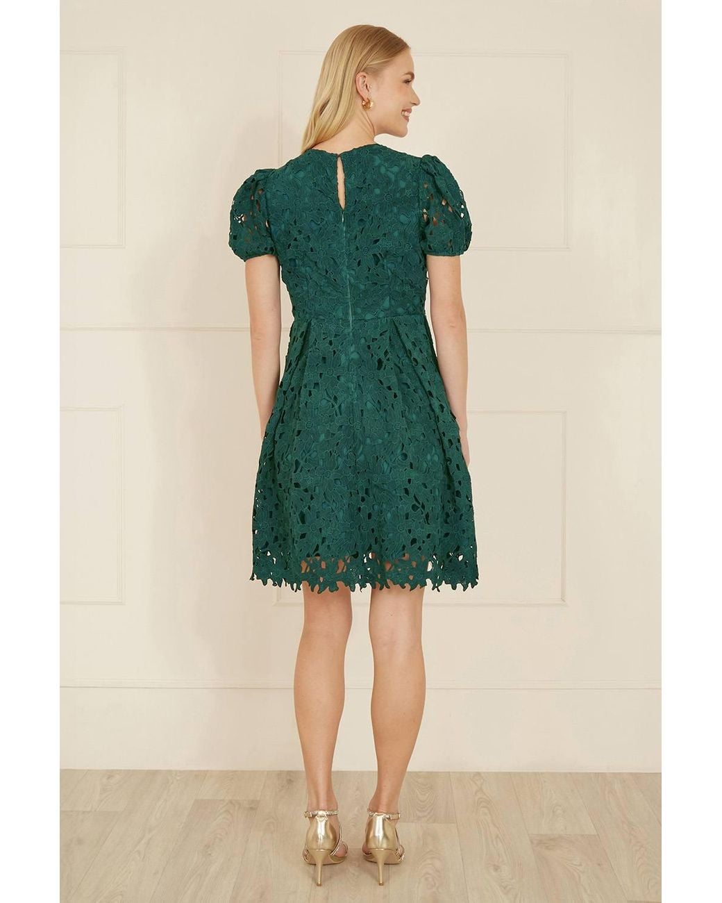 Yumi' Green Lace Skater Dress W/ Puff Sleeves