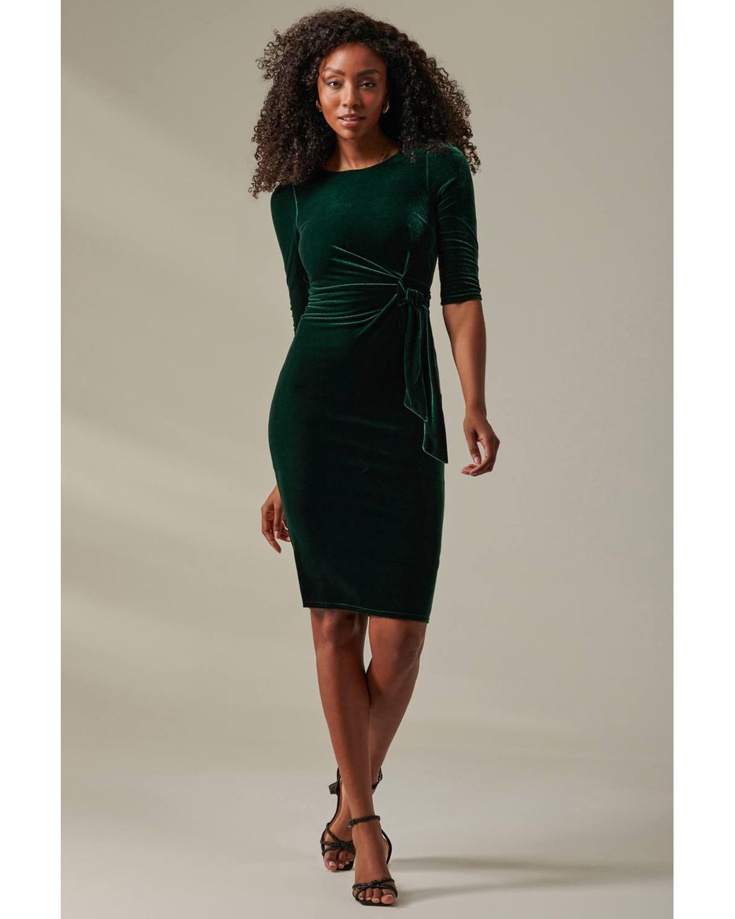 Jolie Moi Green Velvet Side Tie Midi Dress