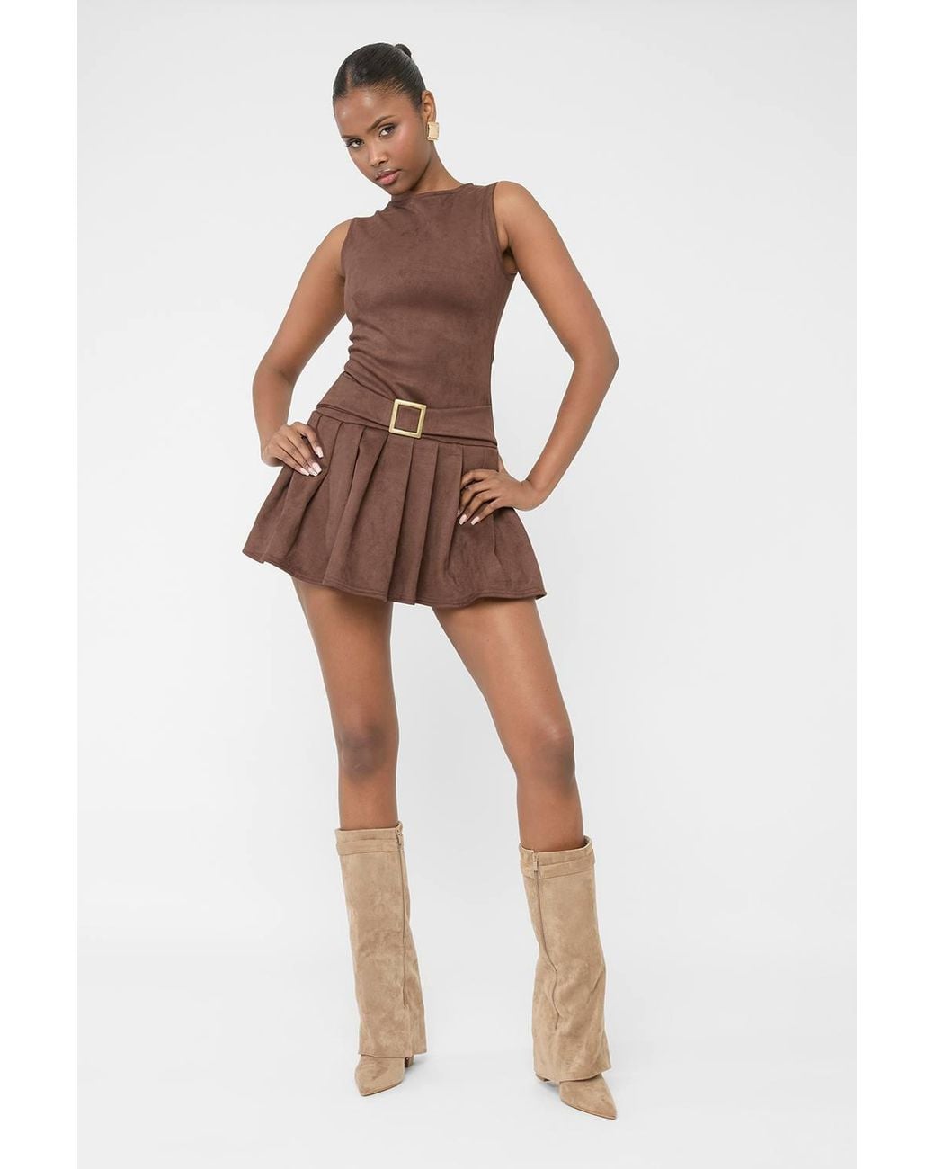 Public Desire Brown Suedette Buckle Detail Pleated Mini Dress