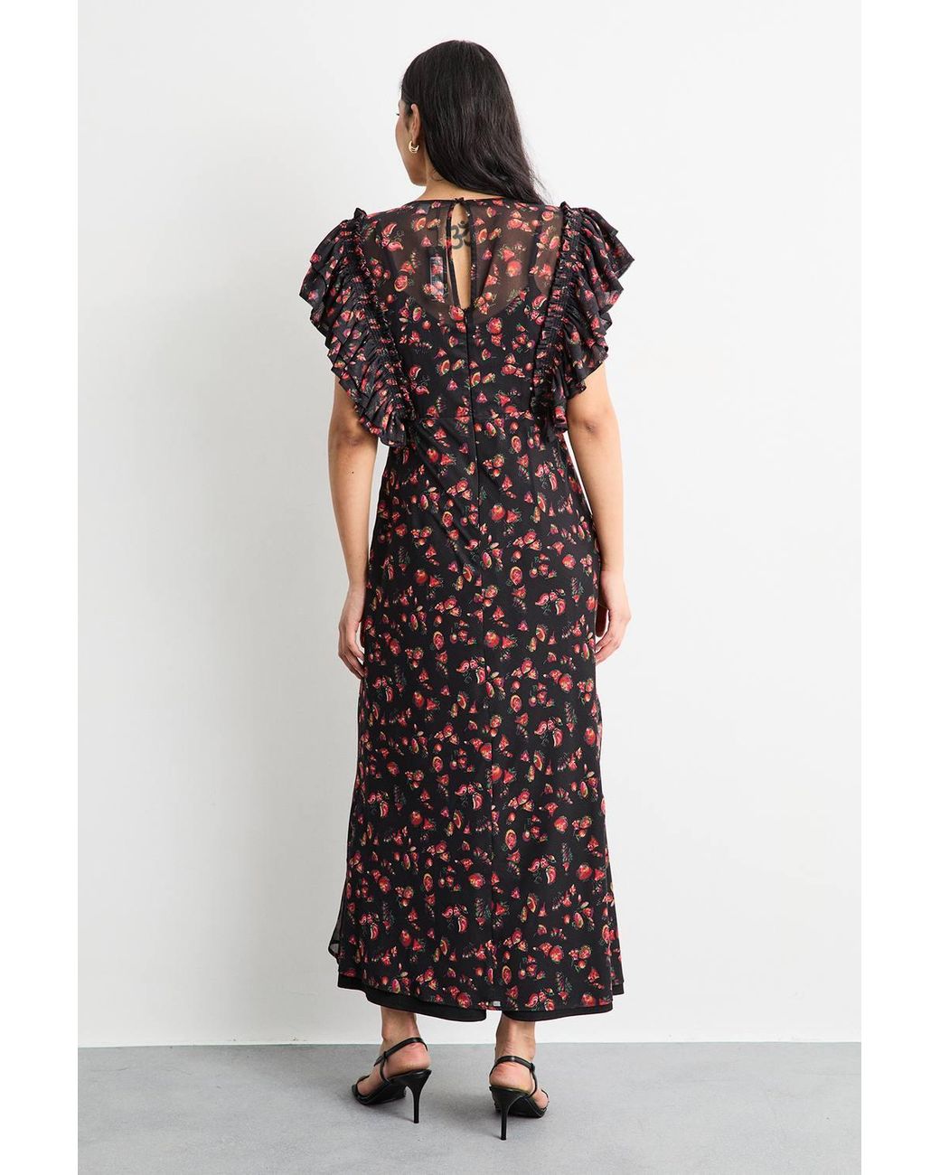 Warehouse White Floral Print Ruffled Sleeve V Neck Maxi Dress