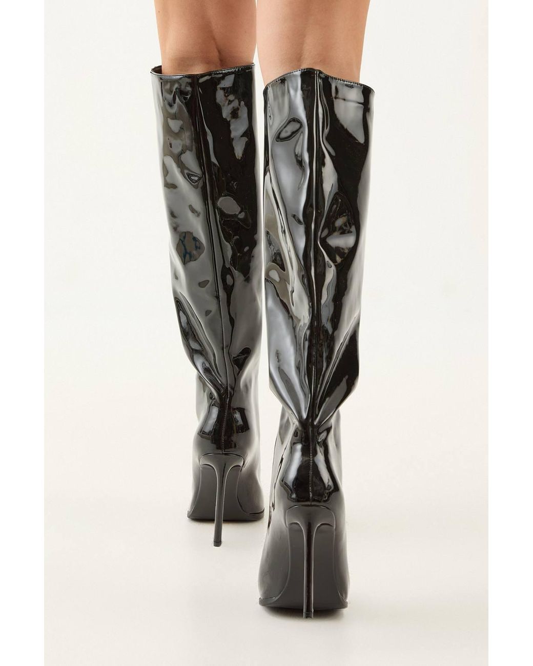 MissPap Black Faux Patent High Flared Stiletto Heel Knee Boots