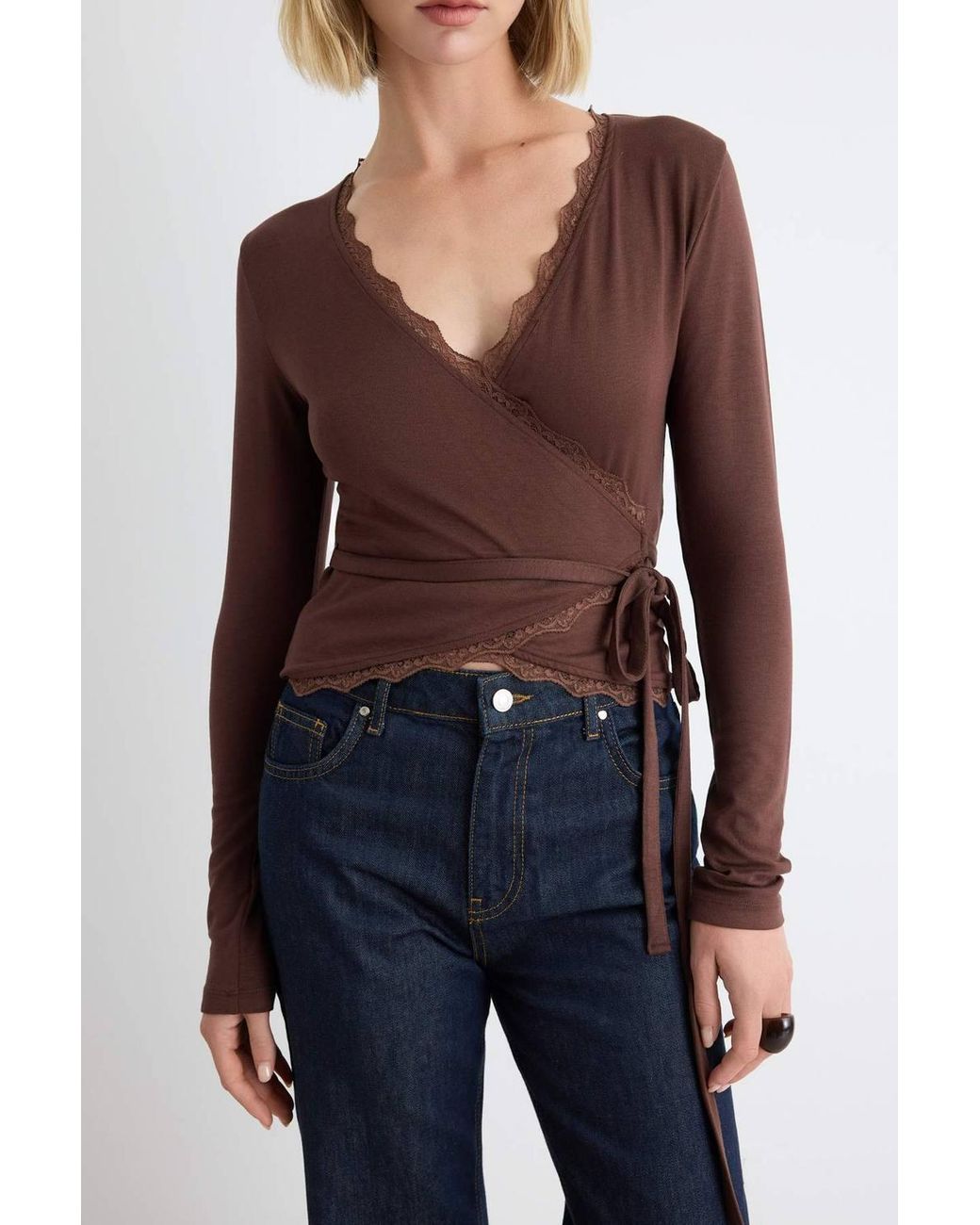 WOVCOR Red Fitted Wrap Neckline Long Sleeve Lace Detail Crop Blouse