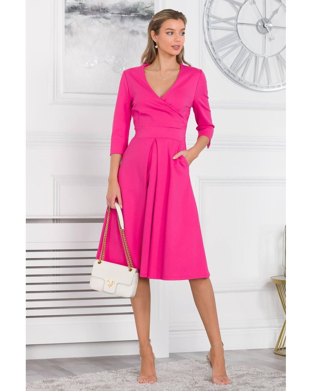 Jolie Moi Pink Paige 3/4 Sleeve Wrap Dress