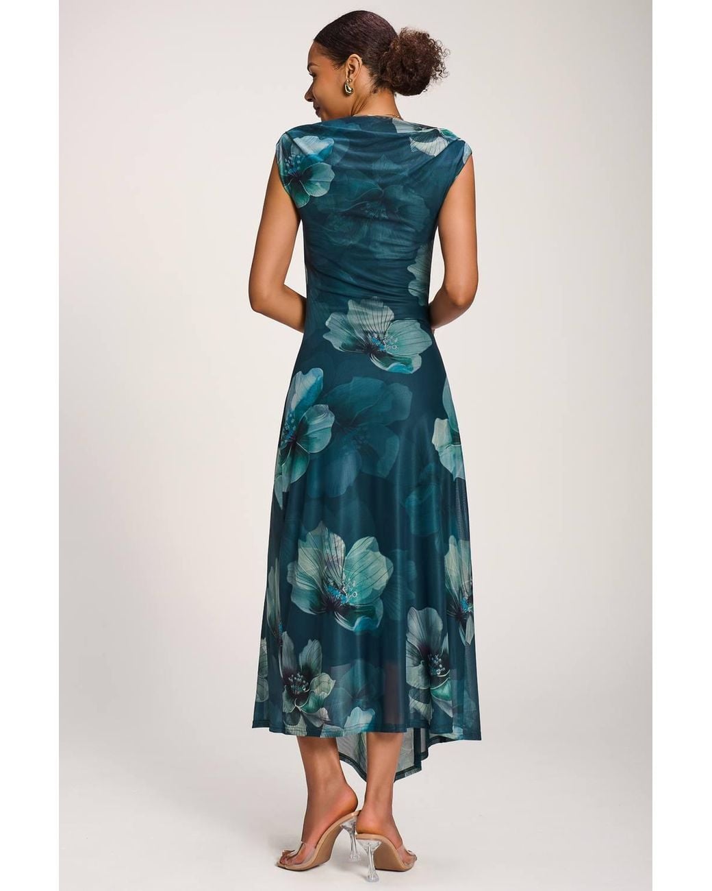 Jolie Moi Blue Asymmetric Draped Mesh Maxi Dress