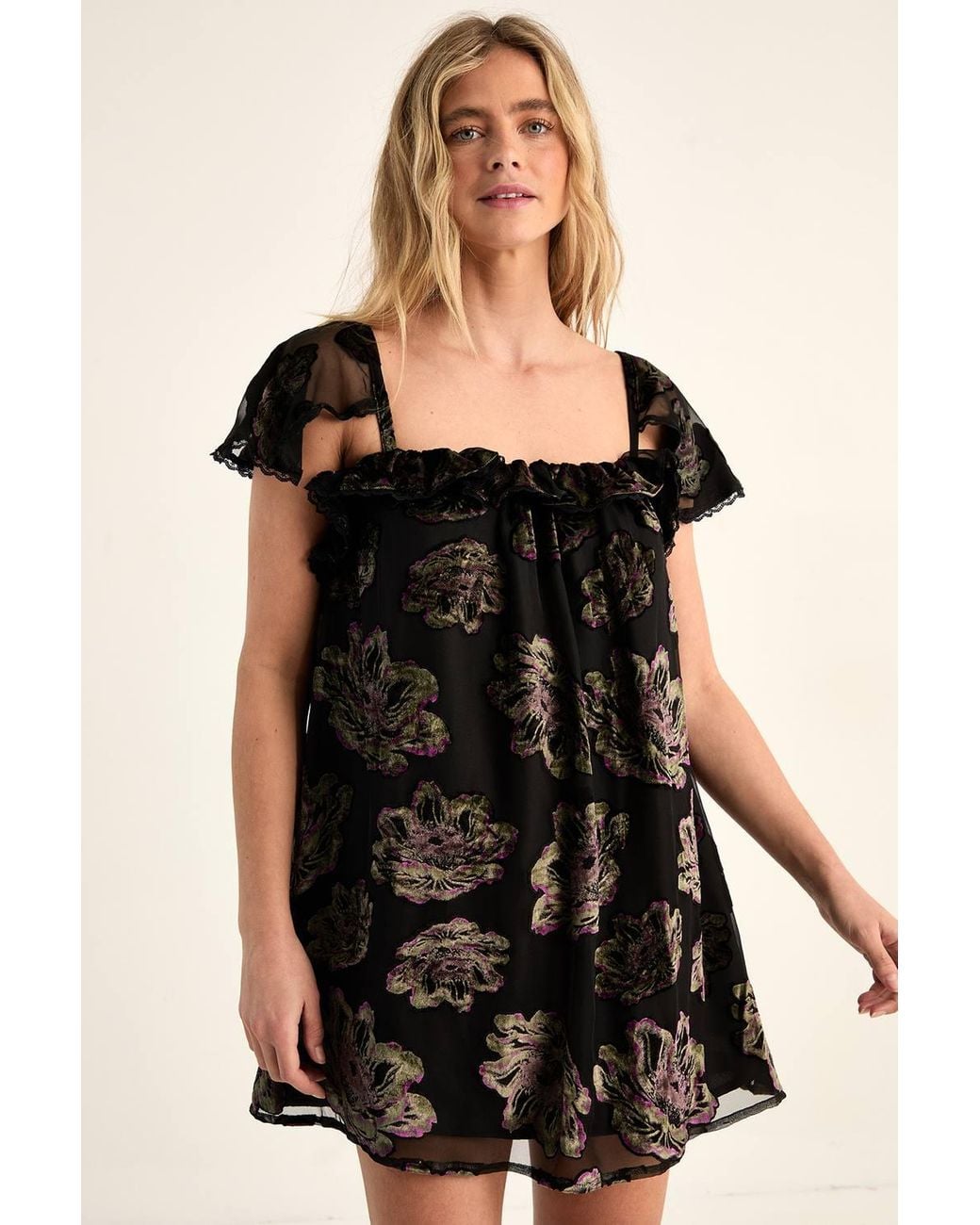 Nasty Gal Brown Devore Floral Cap Sleeve Lace Trim Floaty Mini Dress