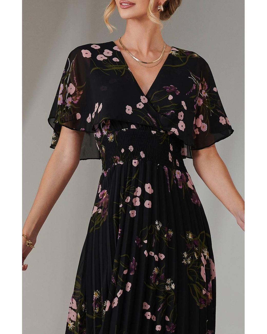 Jolie Moi Pink Floral Print Chiffon Pleated Dress