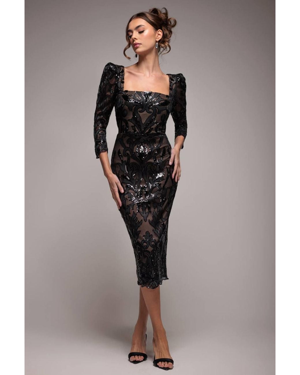 Goddiva Black Square Neck Scalloped Lace Midi Dress