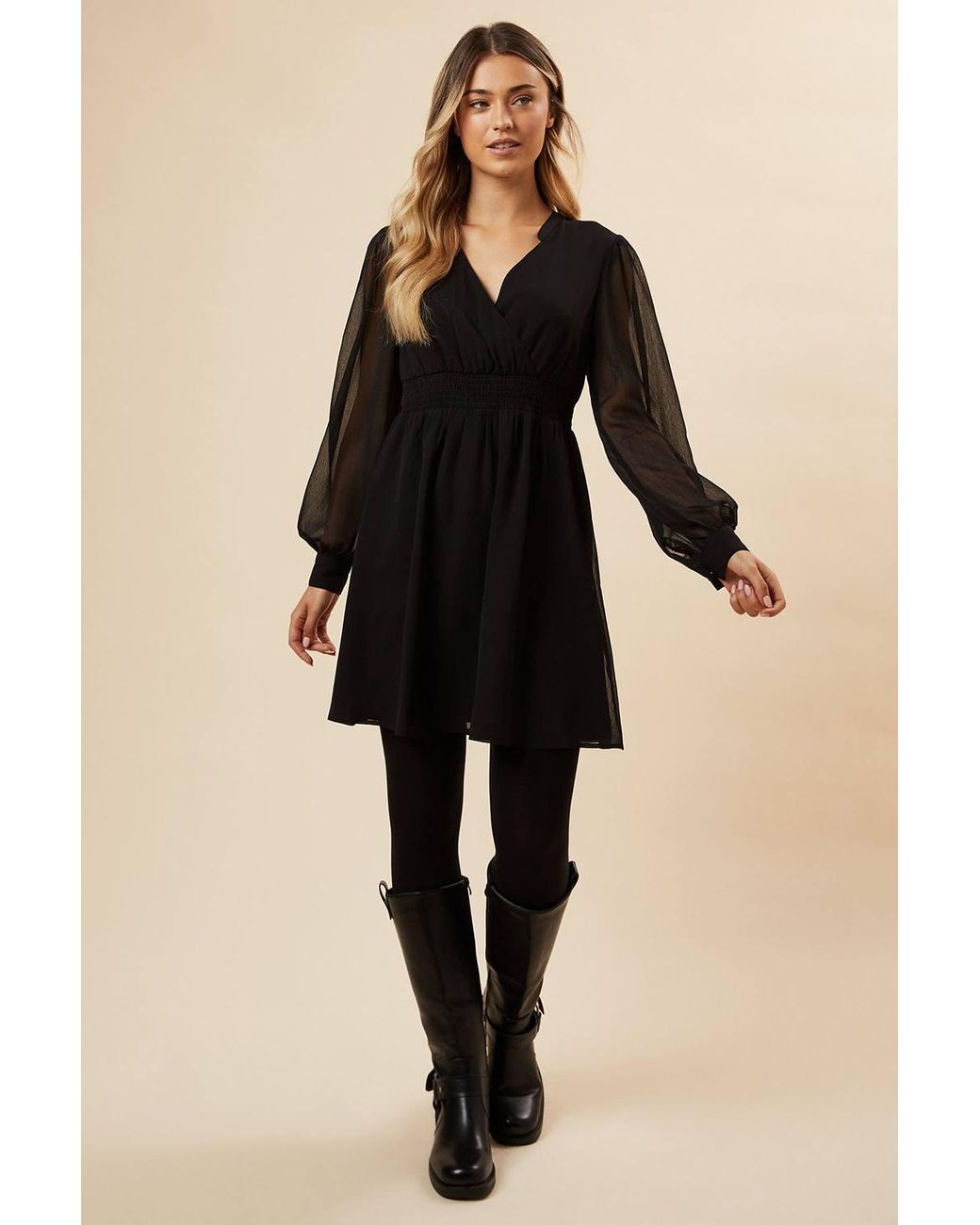 Dorothy Perkins Black Chiffon Long Sleeve Shirred Waist Mini Dress