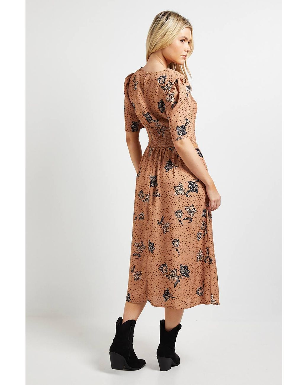 Dorothy Perkins Natural Floral Lace Detail Dropped Waist V Neck Printed Midi Dress