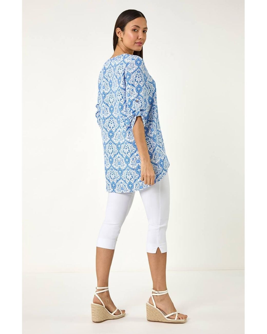 Roman Blue Floral Printed Button Detail Top